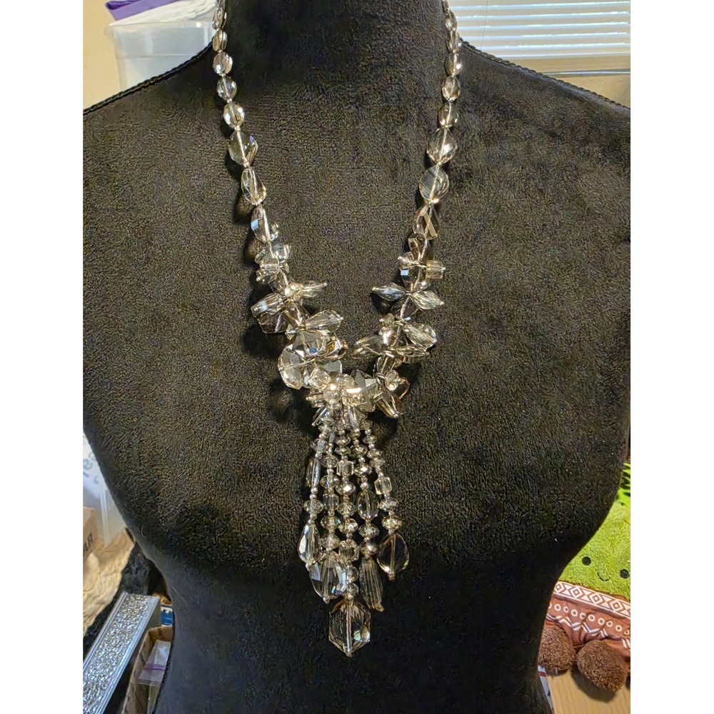 Chico's Chunky Smokey Gray Facet Crystal Beads Statement Necklace